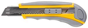 Нож STAYER "MASTER" двухкомпонентный корпус,серо-желтый,серая кнопка,автостоп,допфиксатор,кассетой на 5лезвий,18мм 09142